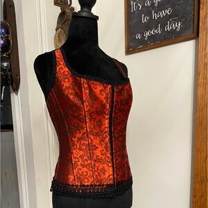 Red and Black brocade overbust corset with black Lacey trim size 36